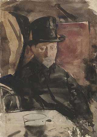 坐在咖啡馆里戴着高帽子的男人`Zittende man met hoge hoed in een café (c. 1876 ~ c. 1924) by Gerrit Willem Dijsselhof