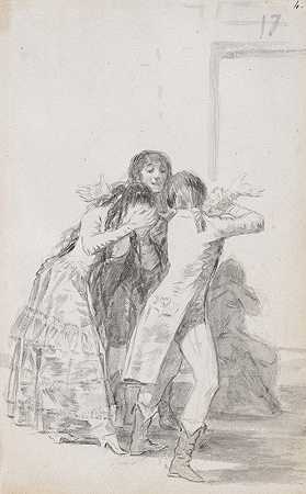 年轻女子哭泣着，双手捂住脸，陪伴着她`Young woman weeping and covering her face with her hands, accompanied by men (1795–1797) by men by Francisco de Goya
