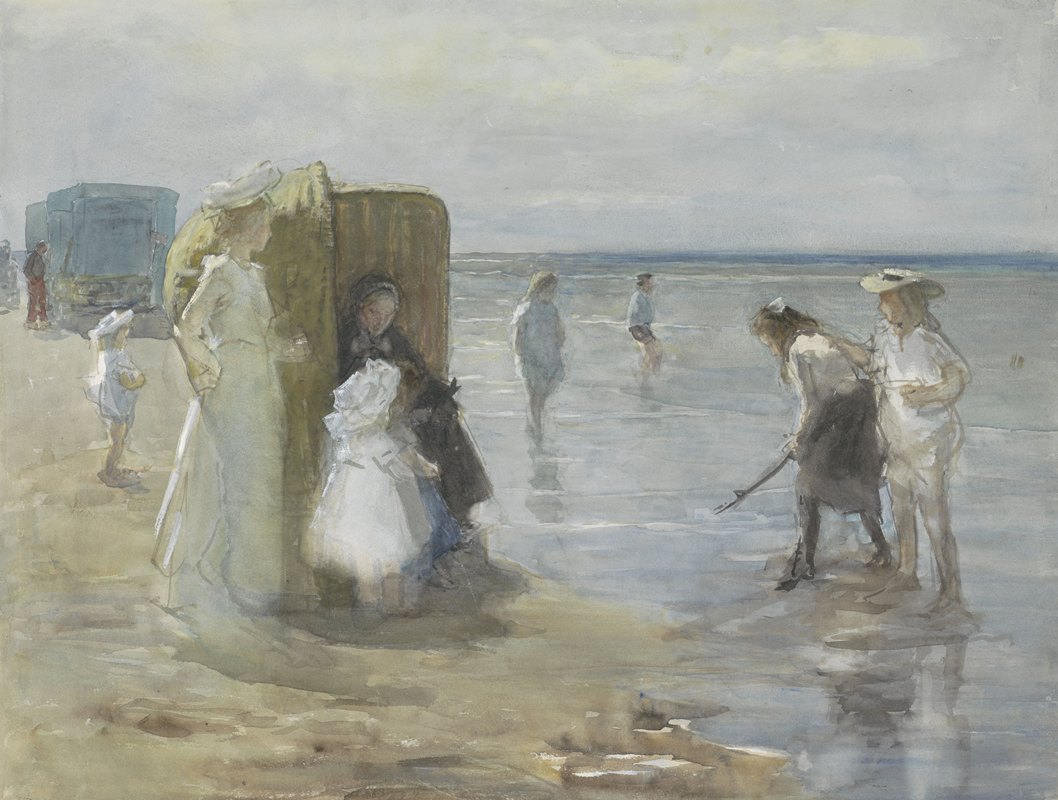 沿着申维宁根海滩的洪水线观看，有两位女士和孩子`Gezicht langs de vloedlijn aan het Scheveningse strand, met twee dames en kinderen (1874 ~ 1927) by Johan Antonie de Jonge