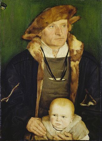 汉斯·厄米勒和他儿子的肖像`Portrait of Hans Urmiller and his Son (ca. 1525) by Barthel Beham