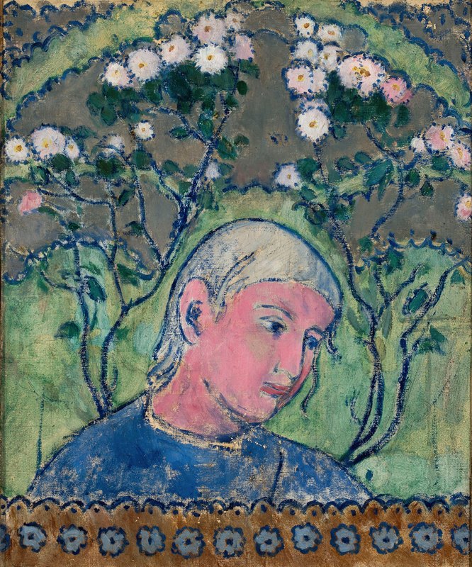 一个穿花的女孩的头`Head of a girl in flowers (1909) by Tadeusz Makowski