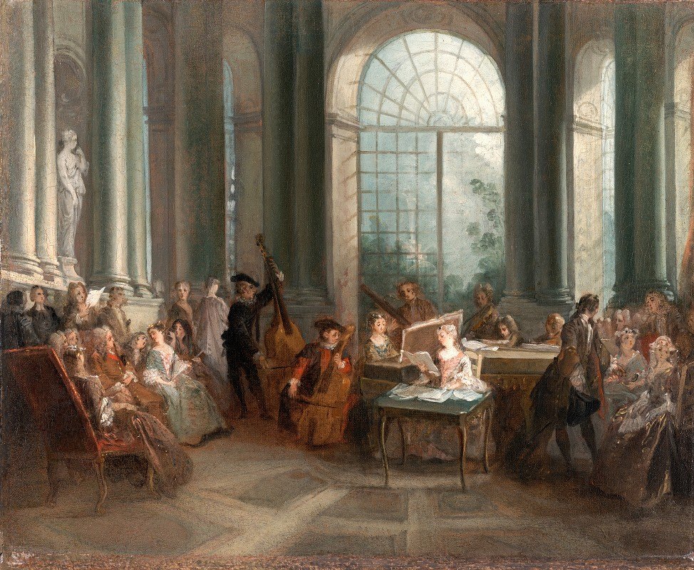 皮埃尔·克罗扎特椭圆形沙龙音乐会蒙特莫伦西城堡`Concert in the Oval Salon of Pierre Crozats Chateau at Montmorency (About 1719–1720) by Nicolas Lancret