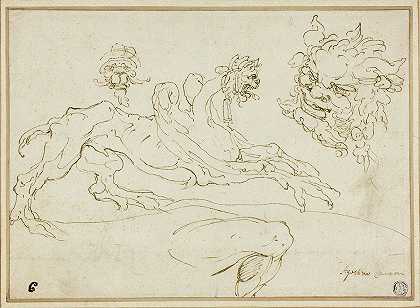 四幅草图格里芬，怪诞的头，萨特的头，弯曲的腿`Four Sketches; Griffin, Grotesque Head, Head of Satyr, Bent Leg by Agostino Carracci