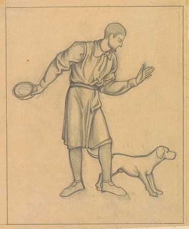贝乌斯·凡·贝拉格（Beurs van Berlage）的壁画设计带着狗站着的人`Ontwerp voor wandschildering in de Beurs van Berlage; staande man met hond (1869 ~ 1925) by Antoon Derkinderen