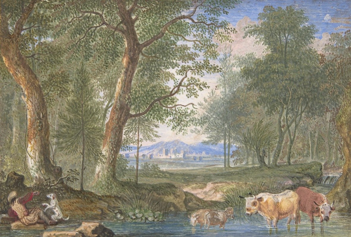 小溪里有奶牛的风景`Landscape with Cows in a Brook (1698) by Felix Meyer