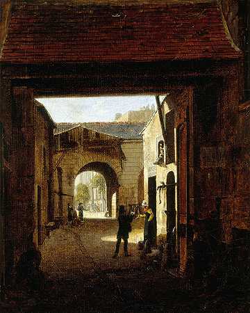 庭院圣丹尼斯街上的一座马车房，被称为圣凯瑟琳宫廷。`Cour dune maison de roulage, rue Saint~Denis, dite cour Sainte~Catherine. (1815) by Etienne Bouhot
