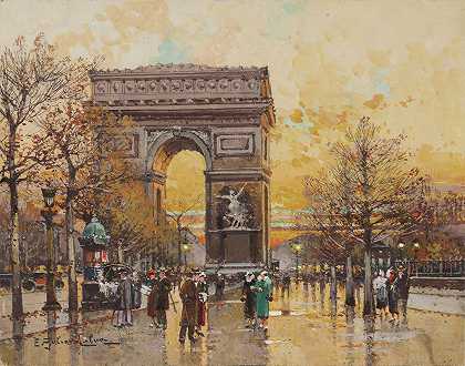 秋天的凯旋门`Arc de Triomphe in the Fall by Eugène Galien-Laloue
