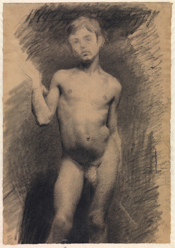 赤身裸体的男孩。模特研究`Stående nøgen dreng. Modelstudie (1884 – 1885) by Vilhelm Hammershøi