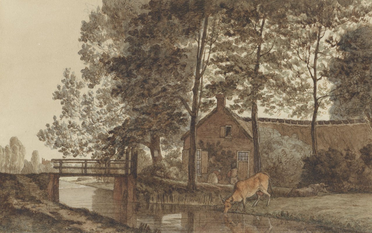 乌得勒支Biltstraat上的奶牛农场`Boerderij met drinkende koe aan de Biltstraat te Utrecht (1856 ~ 1858) by Hendrik Abraham Klinkhamer