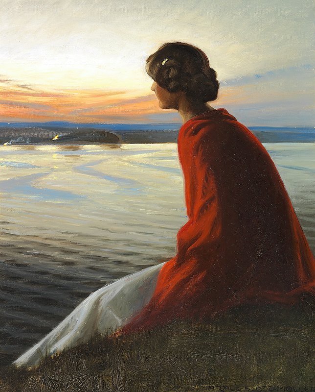 一位年轻女子正在观看圣约翰的火灾`En ung kvinde betragter et sankthansbål by Harald Slott-Møller