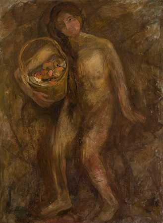 拿着一篮苹果的裸体女孩`Nude girl with a basket of apples (1912) by Tadeusz Makowski