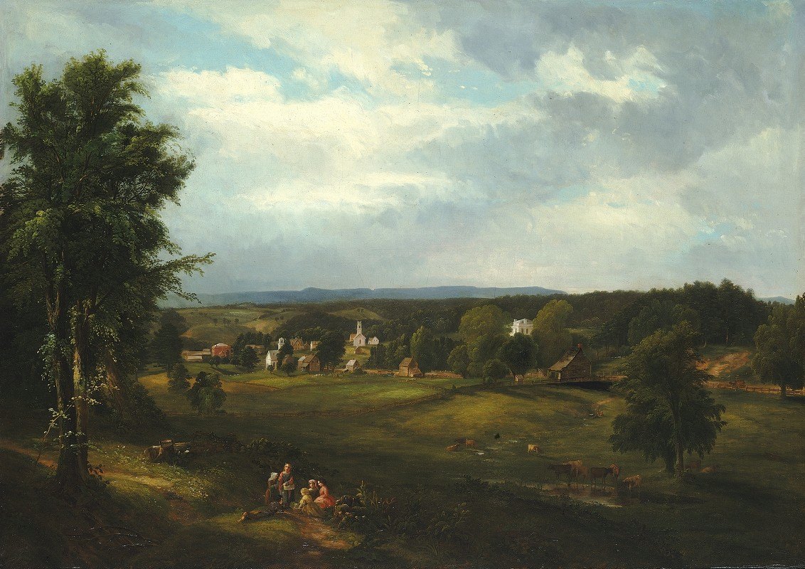 纽约奥尔巴尼附近的乡村景色`Village Scene near Albany, New York (1850) by James McDougal Hart