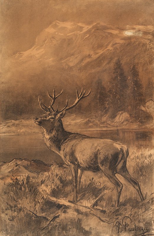 山前风景中的鹿`Hirsch vor Gebirgslandschaft by Franz Xaver von Pausinger