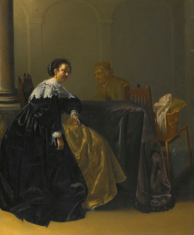 一位优雅的年轻女士和老少女在室内`An Elegant Young Lady And Old Maid In An Interior by Jacob Duck