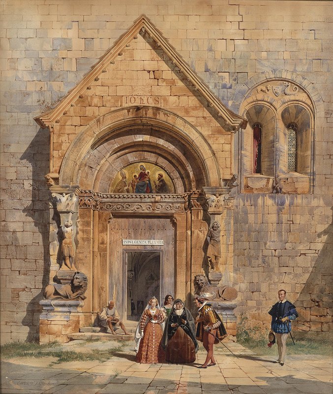 教堂大门和人群`Kirchenportal und Personengruppe (1842) by Carl Friedrich Heinrich Werner