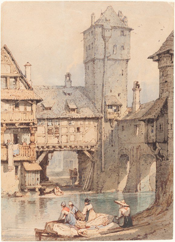 纽伦堡瓦塞图姆前的洗衣店`Laundresses before the Wasserturm, Nuremberg by Samuel Prout