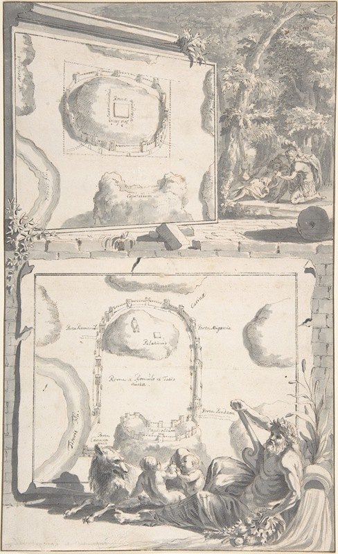 两张古罗马地图，上面有河神、罗穆卢斯和雷姆斯`Two Maps of Ancient Rome with a River God and Romulus and Remus (before 1704) by Jan Goeree