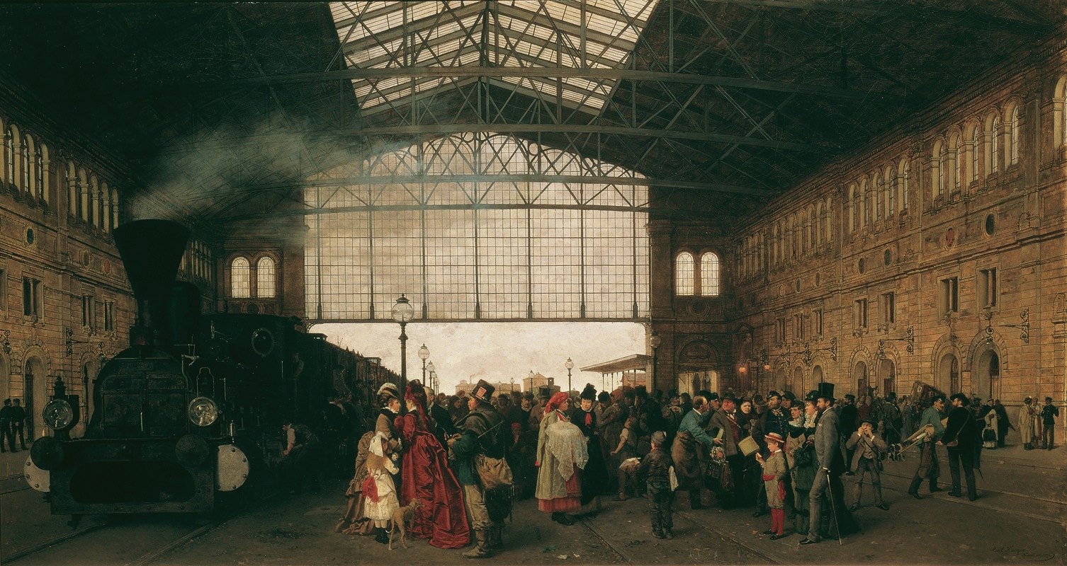 一列火车抵达维也纳的Nordwestbahnhof`Ankunft eines Zuges am Nordwestbahnhof in Wien (1875) by Karl Karger