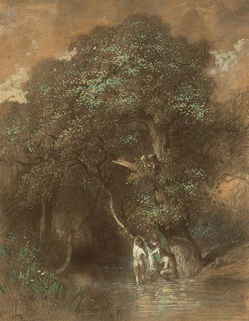 洗澡者`Bathers by a Giant Oak (c. 1842~1844) by a Giant Oak by Constant Troyon