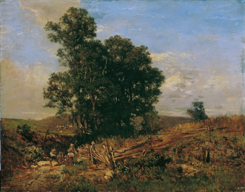 土路上的树木群`Baumgruppe am Feldweg Landschaft (1888) by Eugen Jettel