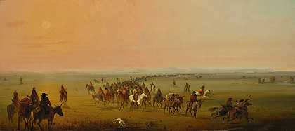 途中的商队[威廉·德拉蒙德·斯图尔特爵士的商队]`Caravan En Route [Sir William Drummond Stewarts Caravan] (circa 1850) by Alfred Jacob Miller