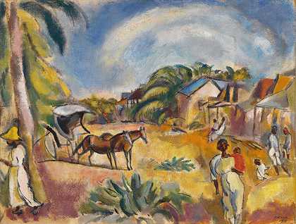 人物与姿态的风景`Landscape with Figures and Carriage (1915) by Jules Pascin