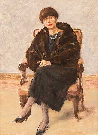 洛拉·莱德穿着皮衣坐着的肖像`Portrait of Lola Leder in fur coat, sitting (1922) by Max Liebermann