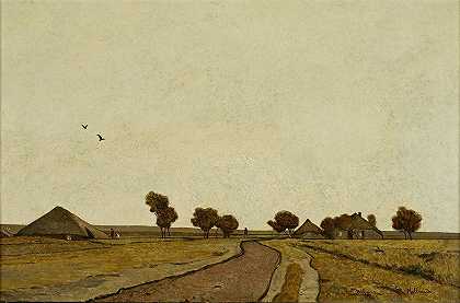 荷兰有农场的乡村`Holländische Landschaft mit Gehöften (1877) by Rudolf Ribarz