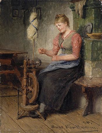 纺车上的女孩`Mädel am Spinnrad (1904) by Hugo Kauffmann
