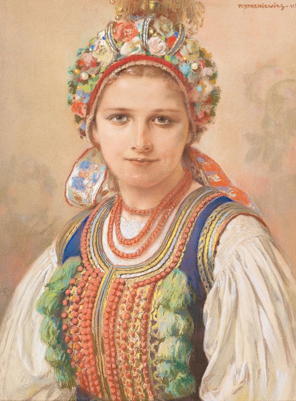 一位波兰妇女的肖像`Portrait of a woman in Polish costume by Piotr Stachiewicz