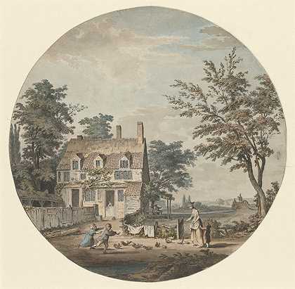带有小屋、桥梁和人物的景观`Landscape with Cottage, Bridge and Figures (1774) by Samuel Hieronymus Grimm