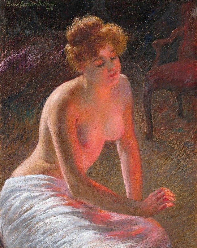 深思`Contemplation by firelight (1902) by firelight by Pierre Carrier-Belleuse