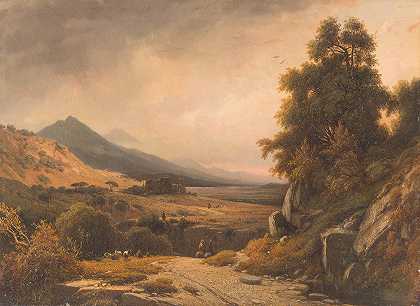 意大利风景画与装饰人物`Italian landscape with decorative figures (1841) by Louis Auguste Lapito
