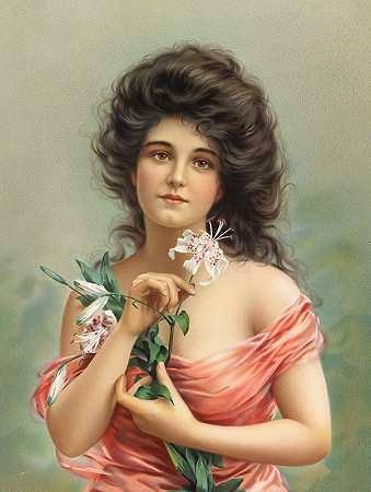 和莉莉在一起的女人`Woman with Lily (ca. 1861–1897) by Louis Prang