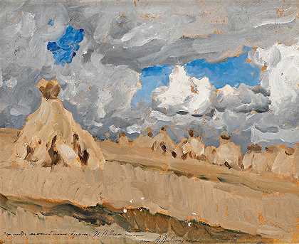 俄罗斯风景中的干草堆`Haystacks In A Russian Landscape by Isaac Levitan