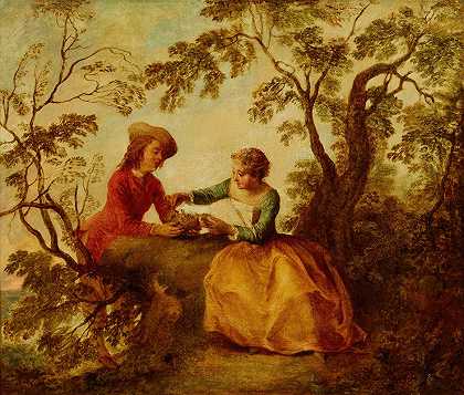 一对年轻夫妇为了一只鸟而求爱s nest（Le Nid dOiseaux）`A young couple courting over a birds nest (Le Nid dOiseaux) by Nicolas Lancret