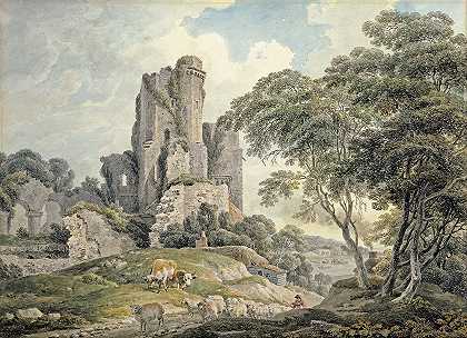 废墟城堡的景色`A view of a ruined castle (circa 1798) by Michael Angelo Rooker