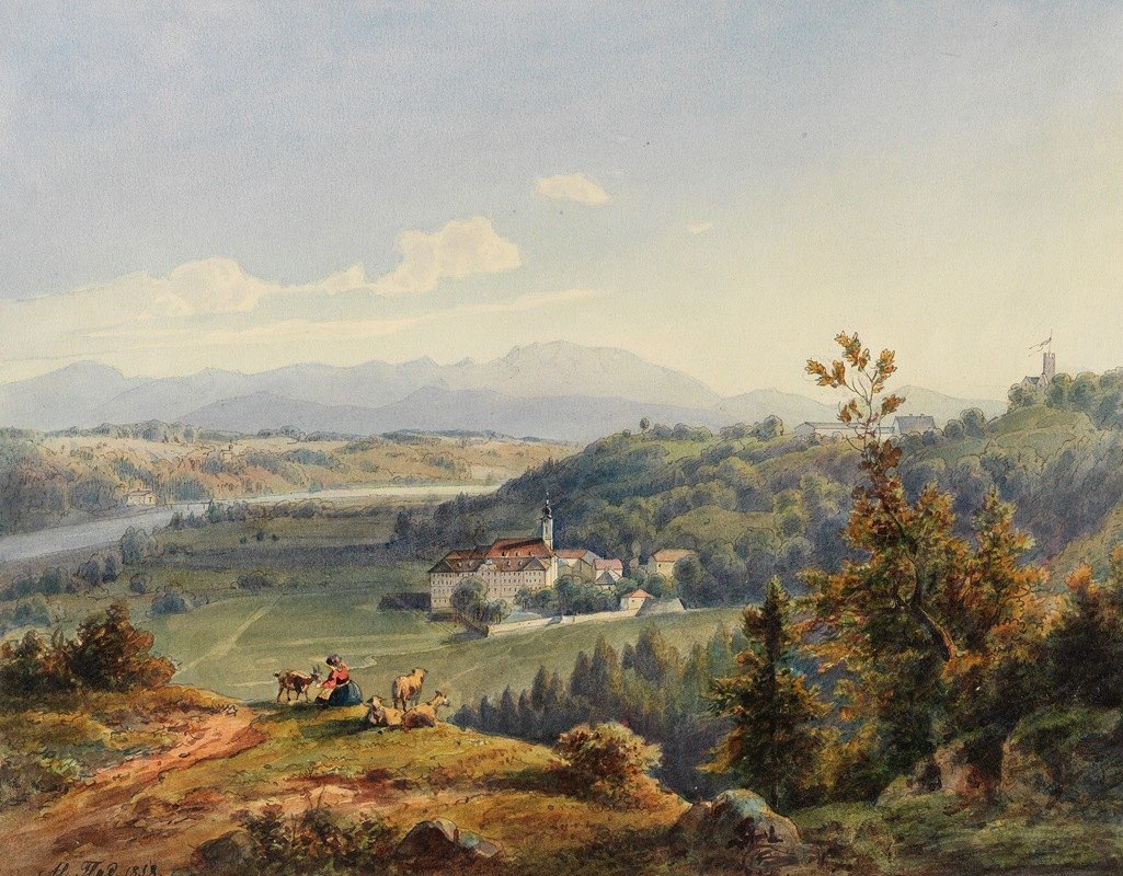 舍夫特拉恩修道院景观`Ansicht von Kloster Schäftlarn (1838) by Alois Flad