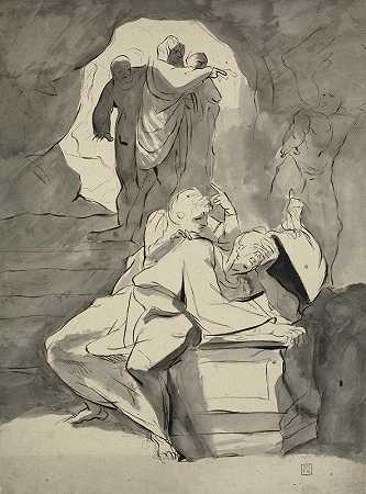 一个绝望的人和其他人一起在山洞里的墓碑前`A man in despair over a tombstone in a cave with other figures (1770 – 1779) by Henry Fuseli