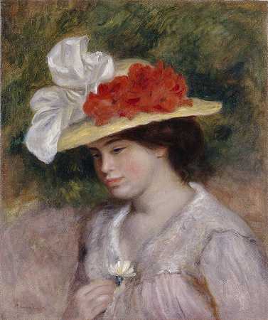 戴花帽的女人`Woman in a Flowered Hat by Pierre-Auguste Renoir