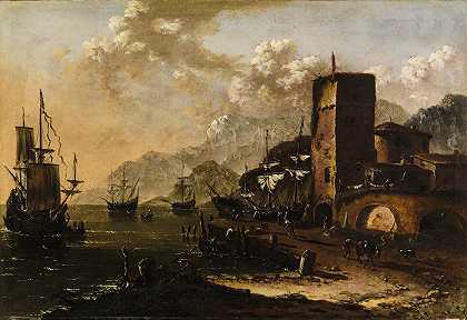 有船只的地中海港口`A Mediterranean harbour with ships by Johann Anton Eismann