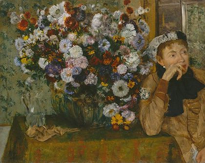 坐在花瓶旁边的女人`A Woman Seated beside a Vase of Flowers (1865) by Edgar Degas