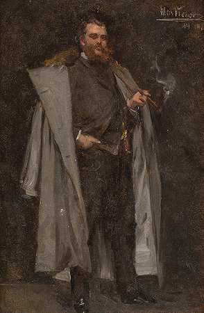 一位穿着毛皮大衣的绅士的肖像`Portrait of a gentleman in fur~trimmed coat (1882) by Max Johann Bernhard Koner