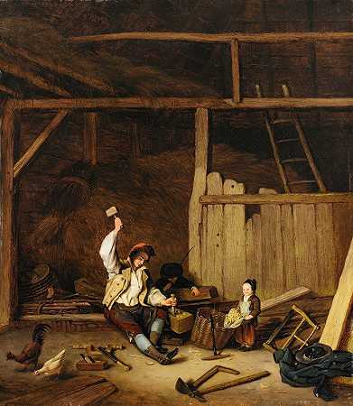 谷仓里的木匠`A carpenter in a barn by Jacques Albert Senave