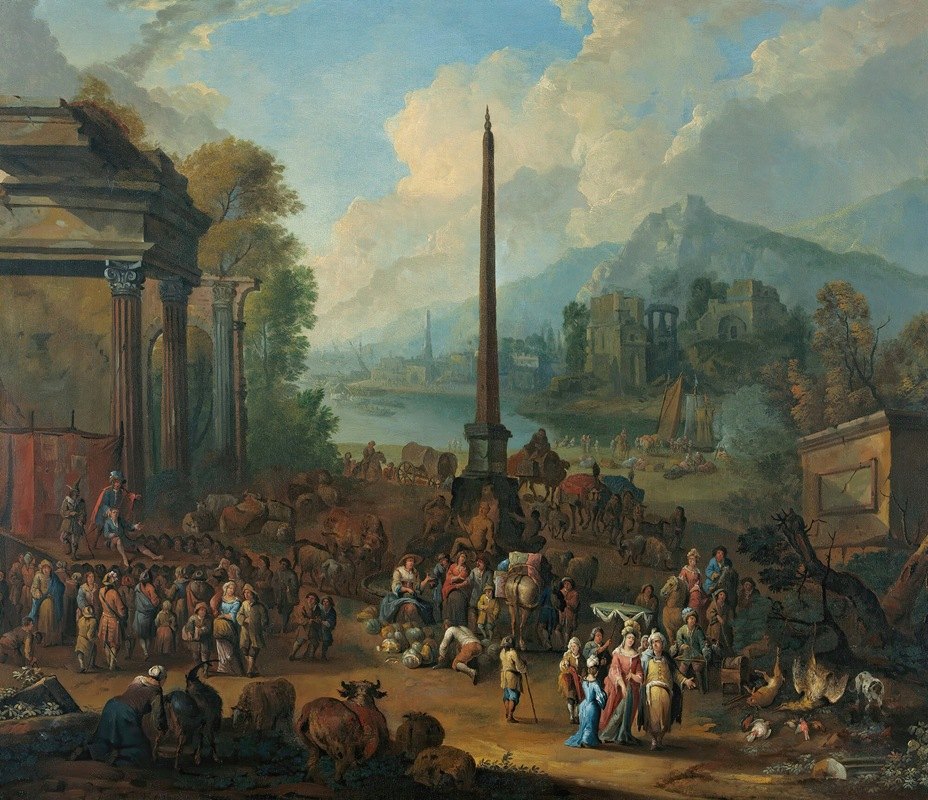 有许多人参加集市的海港景象`A Harbour Scene With Numerous Figures Attending Market (1709) by Peter Tillemans