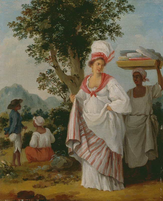 一名西印度克里奥尔妇女出席了会议`A West Indian Creole Woman Attended by her Black Servant (ca. 1780) by her Black Servant by Agostino Brunias