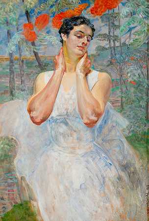 一个女人和罗安贝里的肖像`Portrait of a woman with rowanberry (1917) by Jacek Malczewski
