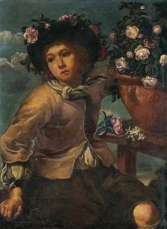 拿着一瓶玫瑰花的男孩`Ragazzo con un vaso di rose by Monsù Bernardo