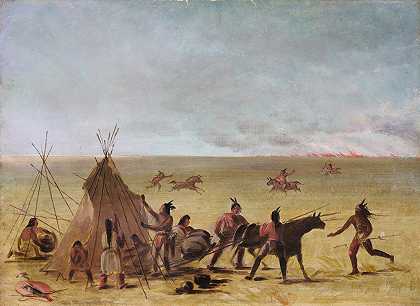 印度家庭对草原大火的逼近感到震惊`Indian Family Alarmed At The Approach of a Prairie Fire (1846~1848) by George Catlin