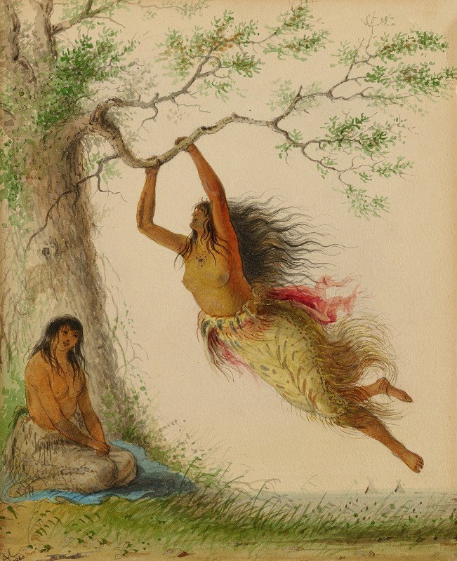 印度女孩荡秋千`Indian Girls Swinging (1860) by Alfred Jacob Miller